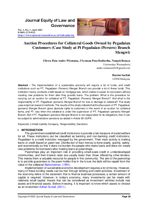 (PDF) Auction Procedures for Collateral Goods Owned by Pegadaian ...