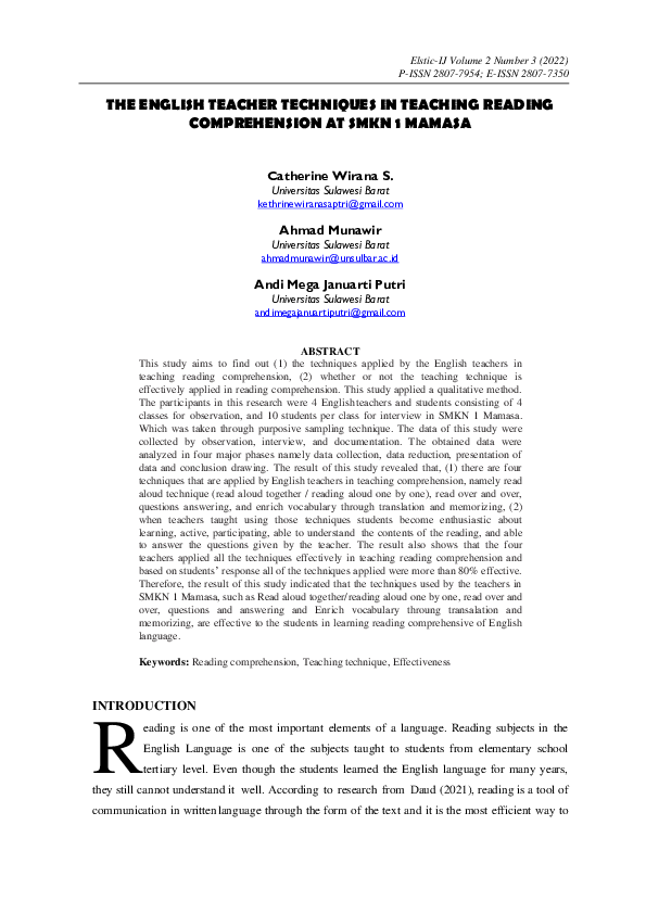(PDF) The English Teacher Techniques in Teaching Reading Comprehension ...