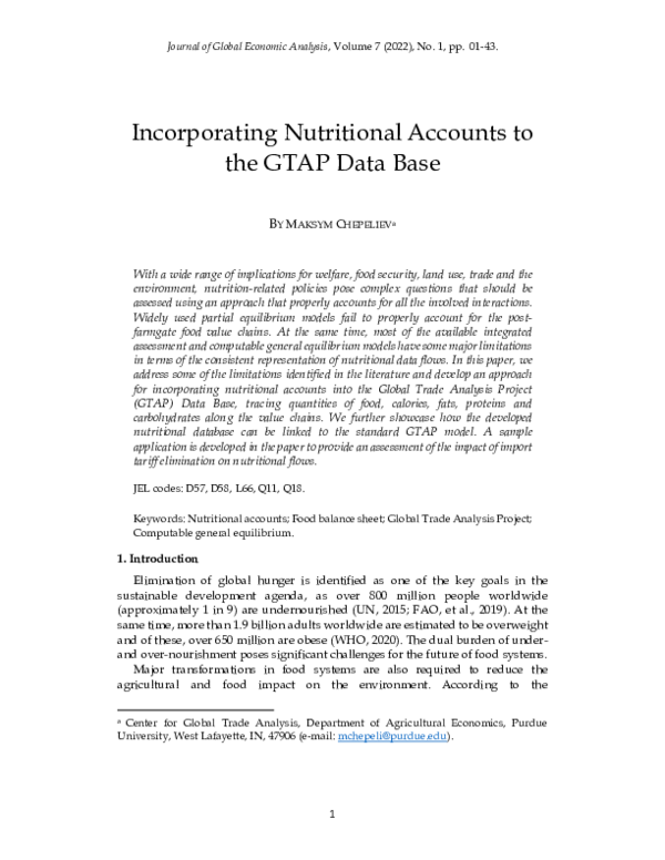 (PDF) Incorporating Nutritional Accounts to the GTAP Data Base