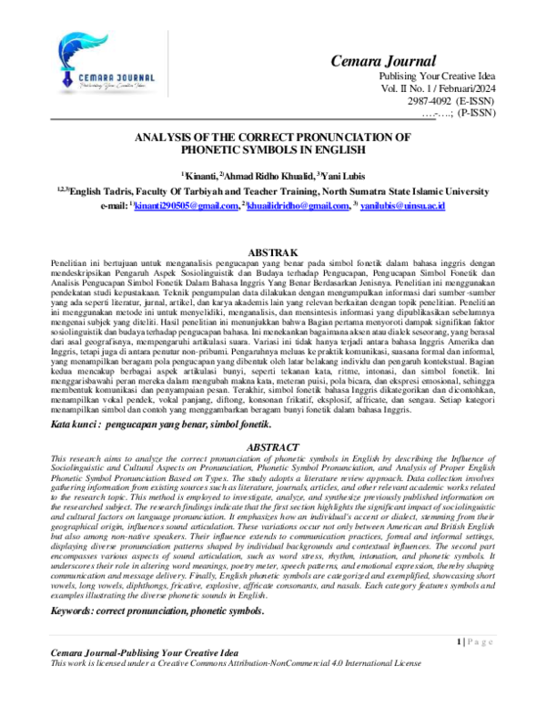 (PDF) Analysis of the Correct Pronunciation of Phonetic Symbols in English