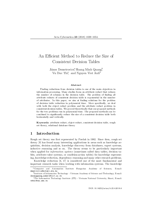 (PDF) An Efficient Method to Reduce the Size of Consistent Decision Tables