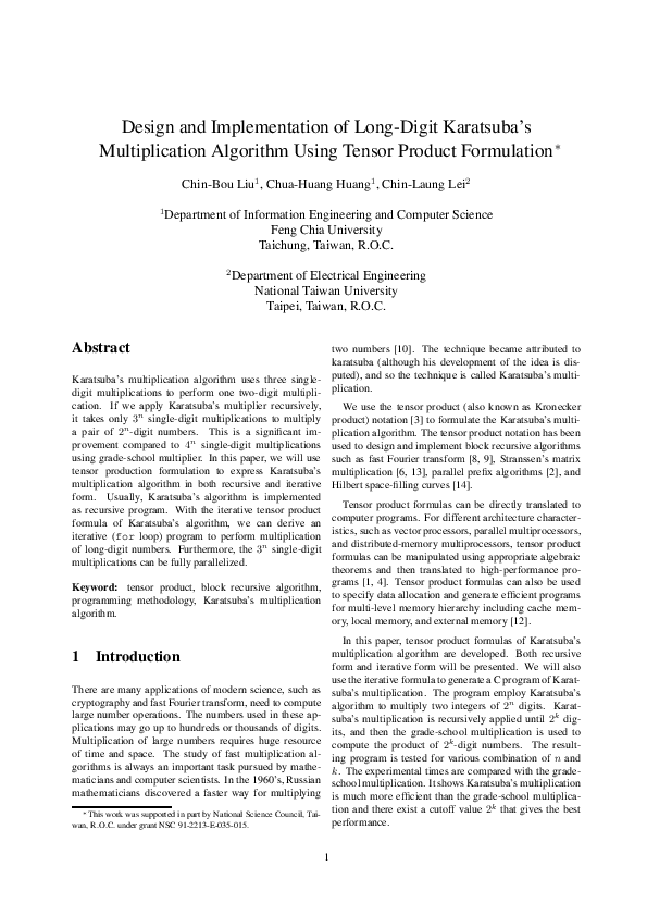(PDF) Design and implementation of long-digit karatsuba's ...