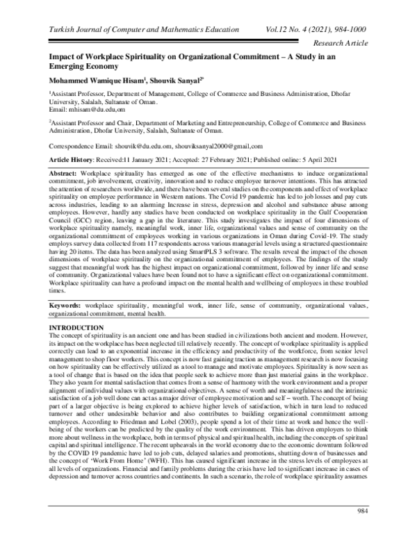 (PDF) Impact of Workplace Spirituality on Organizational Commitment – A ...