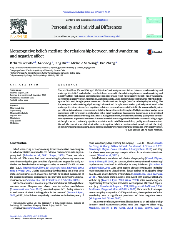 (PDF) Metacognitive beliefs mediate the relationship between mind ...