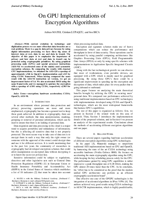 (PDF) On GPU Implementations of Encryption Algorithms