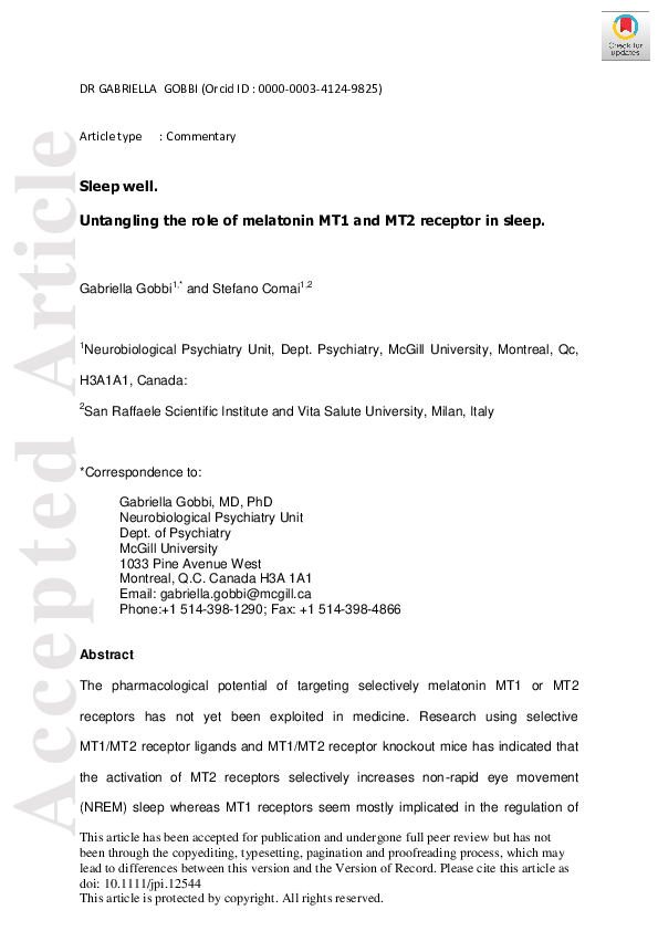 (PDF) Sleep well. Untangling the role of melatonin MT1 and MT2 ...