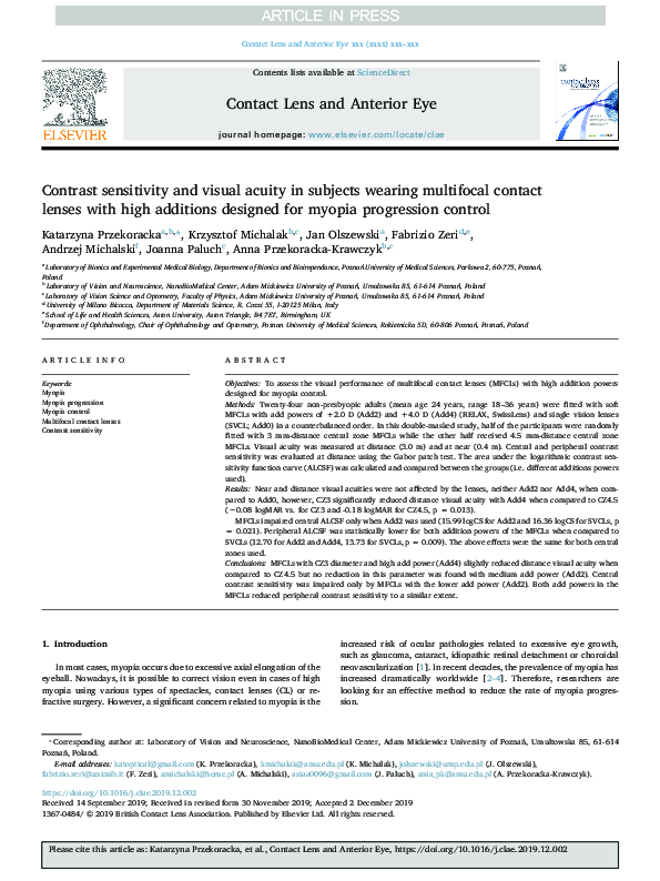 (PDF) Contrast sensitivity and visual acuity in subjects wearing ...