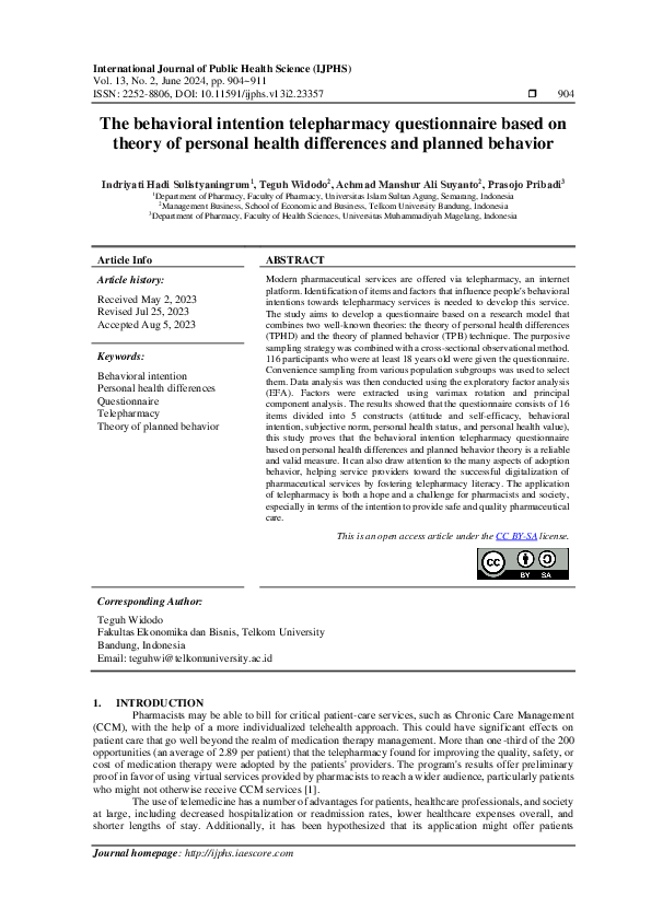 (PDF) The behavioral intention telepharmacy questionnaire based on ...