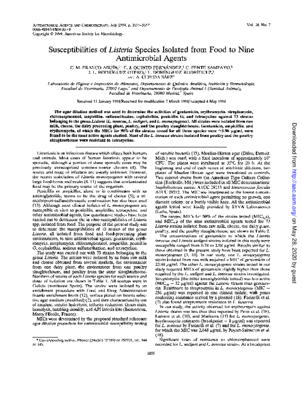 (PDF) Susceptibilities of Listeria species isolated from food to nine ...