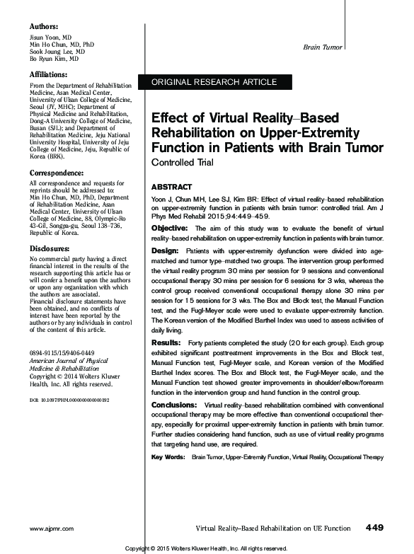 (PDF) Effect of Virtual Reality-Based Rehabilitation on Upper-Extremity ...