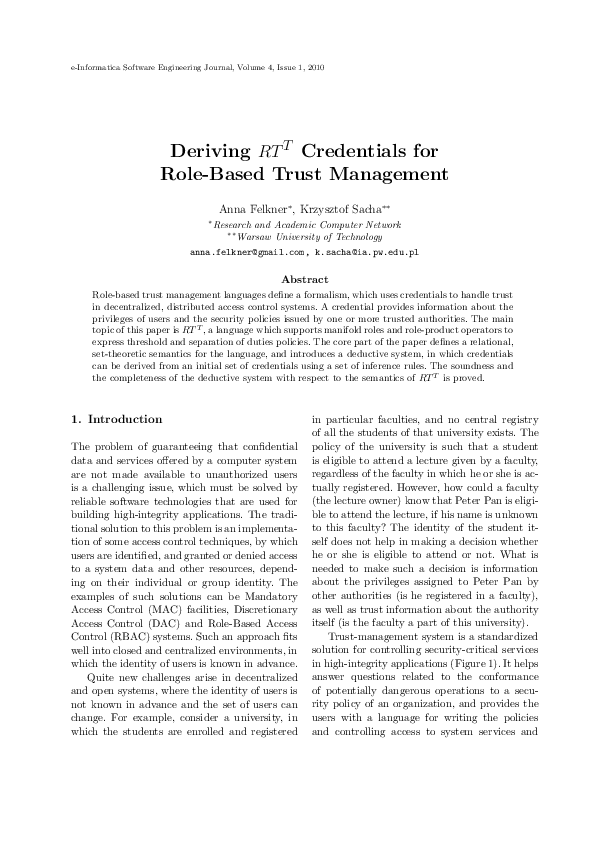 (PDF) Deriving RT T Credentials for Role-Based Trust Management