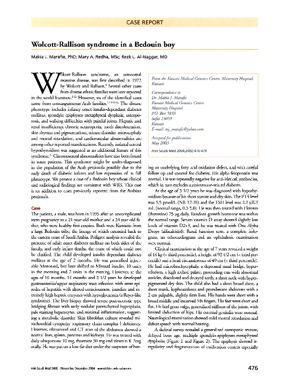(PDF) Wolcott-Rallison syndrome in a Bedouin boy