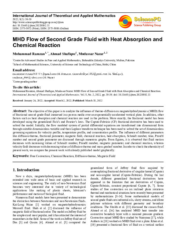 (PDF) MHD Flow of Second Grade Fluid with Heat Absorption and Chemical ...