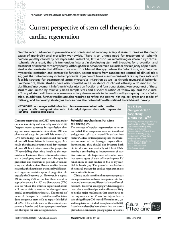 (PDF) Current perspective of stem cell therapies for cardiac regeneration