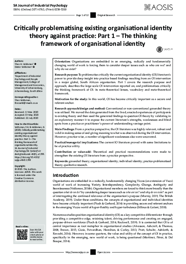 (PDF) Critically problematising existing organisational identity theory ...