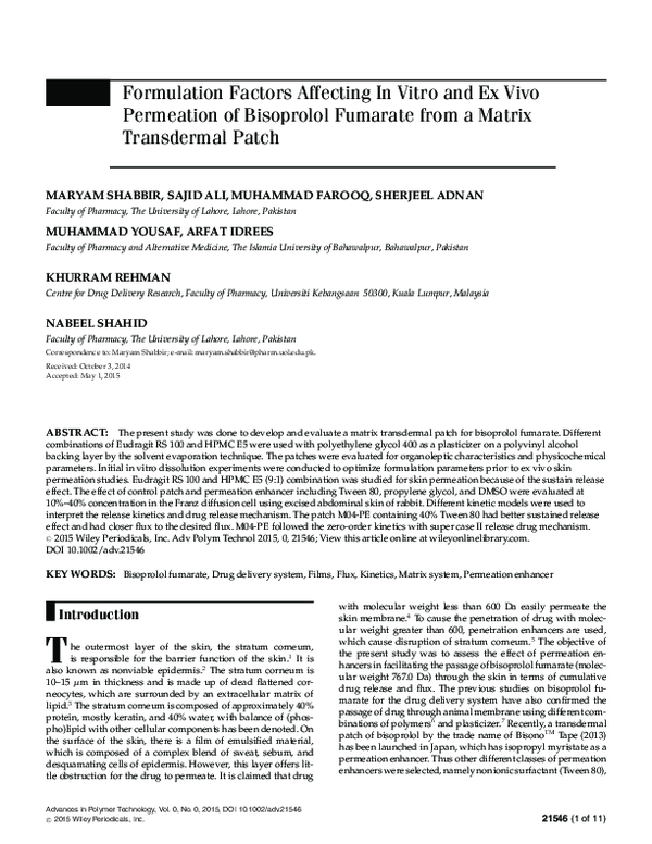 (PDF) Formulation Factors Affecting In Vitro and Ex Vivo Permeation of ...