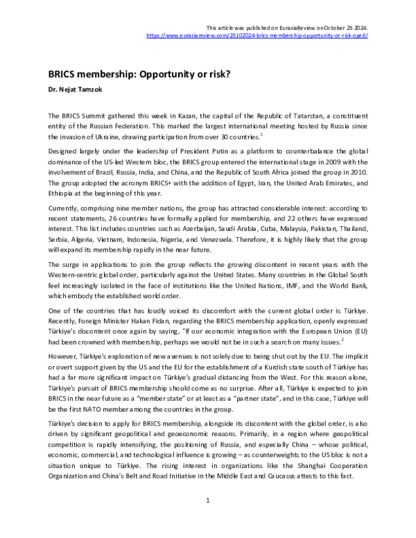 (PDF) BRICS membership: Opportunity or risk?