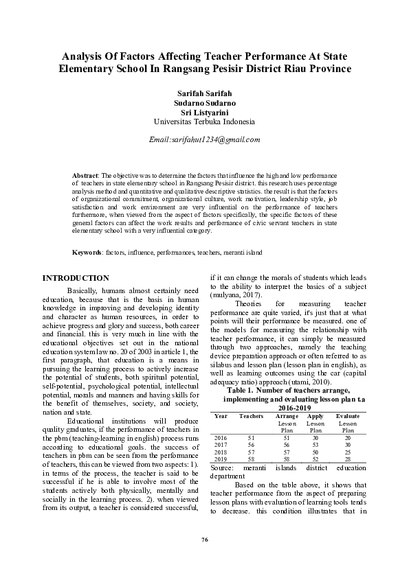(PDF) Analysis of Factors Affecting Teacher Performance at State ...