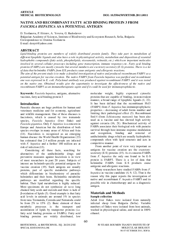 (PDF) Native and Recombinant Fatty Acid Binding Protein 3 from Fasciola ...