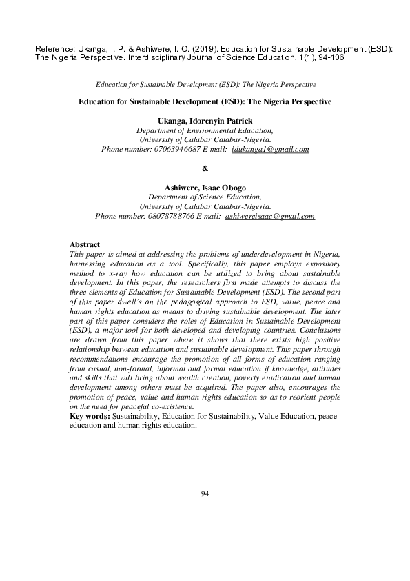 (PDF) Education for Sustainable Development (ESD): The Nigeria Perspective