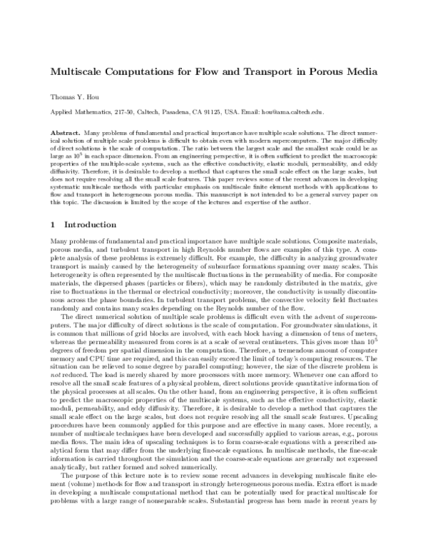 (PDF) Multiscale Computations for Flow and Transport in Porous Media