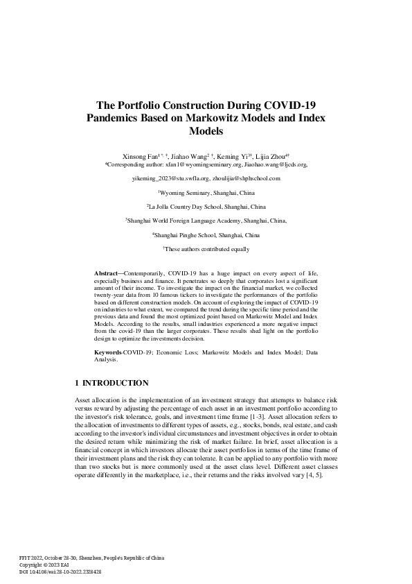 (PDF) The Portfolio Construction During COVID-19 Pandemics Based on ...