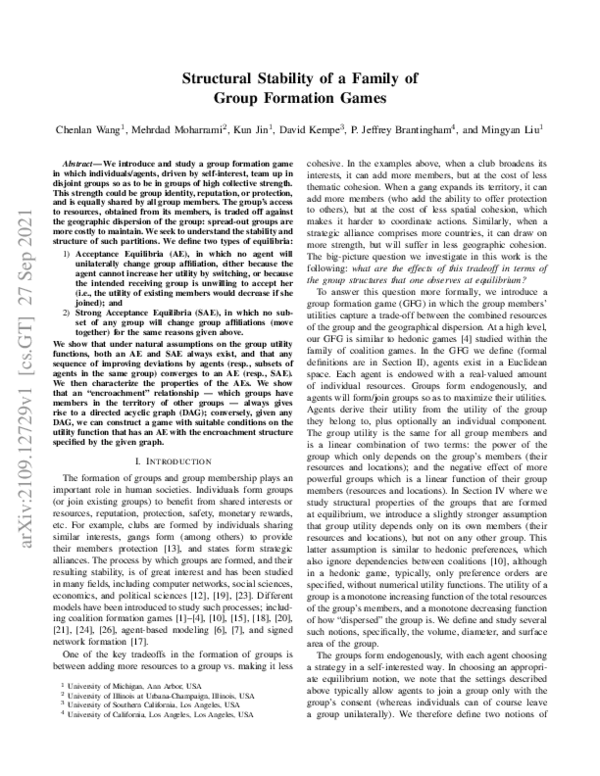 (PDF) Structural Stability of a Family of Group Formation Games