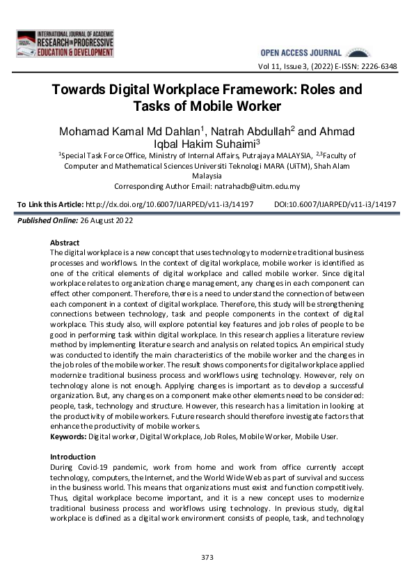 (PDF) Towards Digital Workplace Framework: Roles and Tasks of Mobile Worker