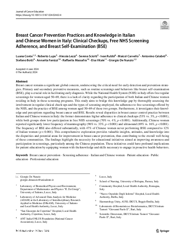 (PDF) Breast Cancer Prevention Practices and Knowledge in Italian and ...