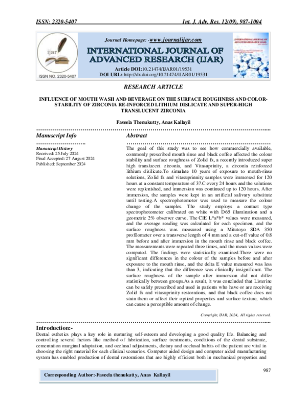(PDF) INFLUENCE OF MOUTH WASH AND BEVERAGE ON THE SURFACE ROUGHNESS AND ...