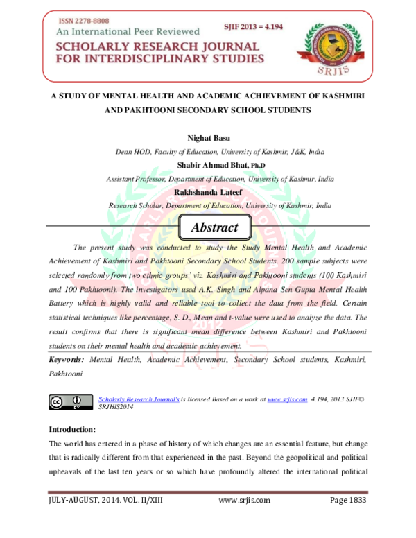 (PDF) A Study of Mental Health and Academic Achievement of Kashmiri and ...
