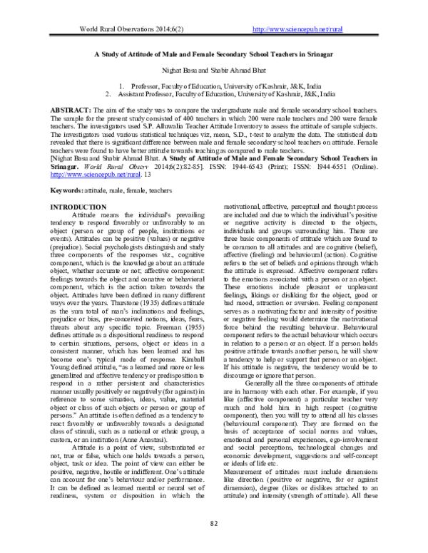 (PDF) A Study of Attitude of Male and Female Secondary School Teachers ...