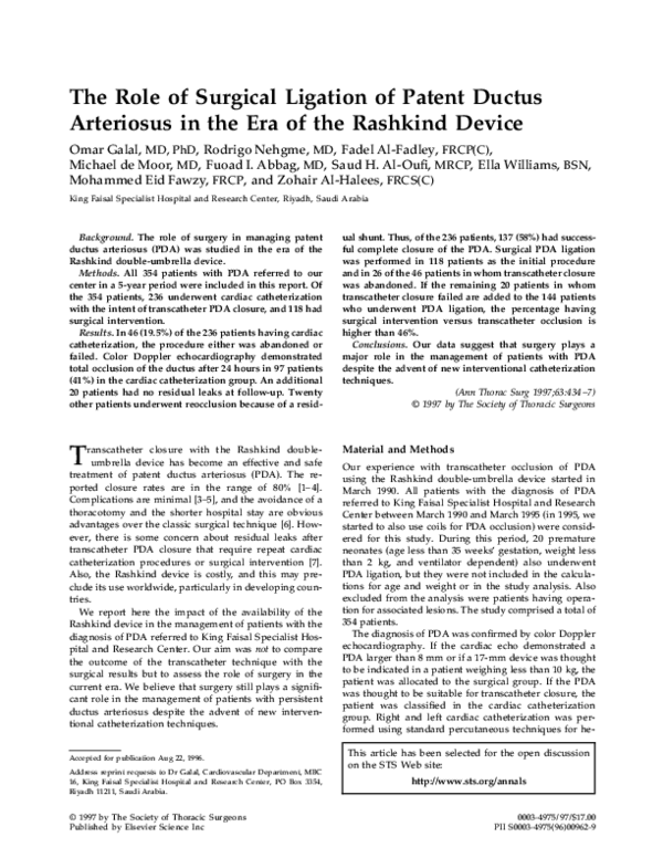 (PDF) The Role of Surgical Ligation of Patent Ductus Arteriosus in the ...
