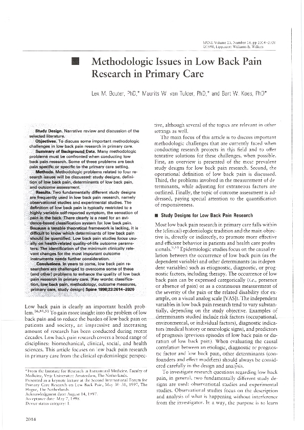 (PDF) Methodologic Issues in Low Back Pain Research in Primary Care