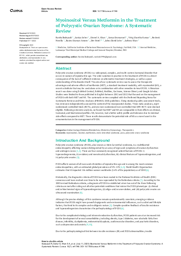(PDF) Myoinositol Versus Metformin in the Treatment of Polycystic ...