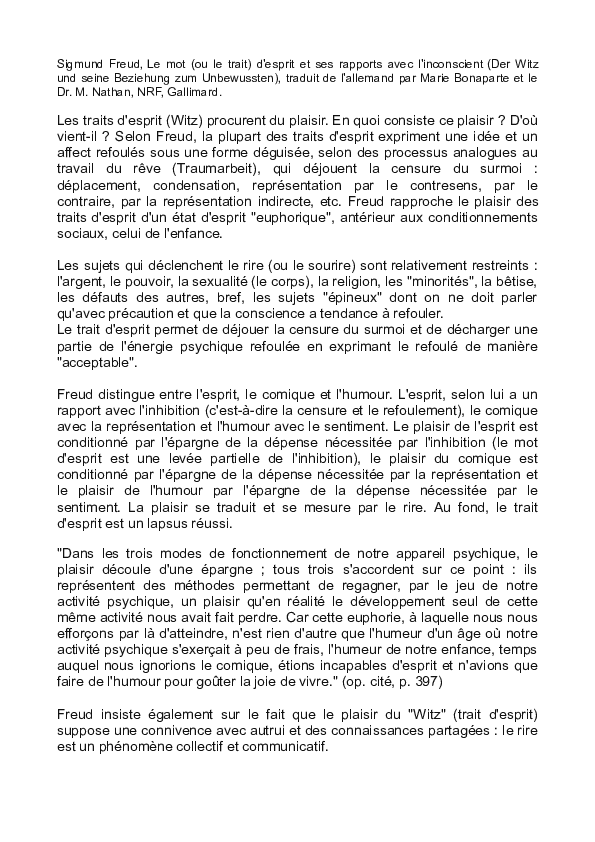 (PDF) Sigmund Freud, Le trait d'esprit et son rapport avec l'inconscient
