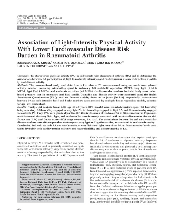 (PDF) Light-Intensity Activity Lowers Cardiovascular Risk in RA