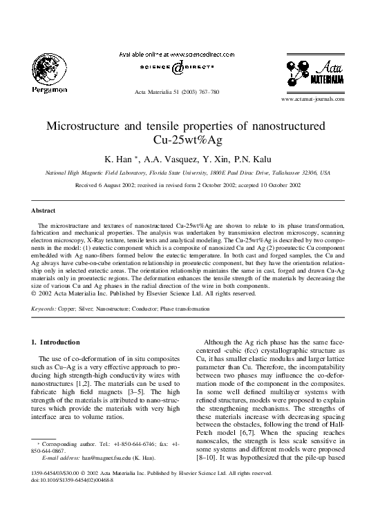 (PDF) Microstructure and tensile properties of nanostructured Cu-25wt%Ag