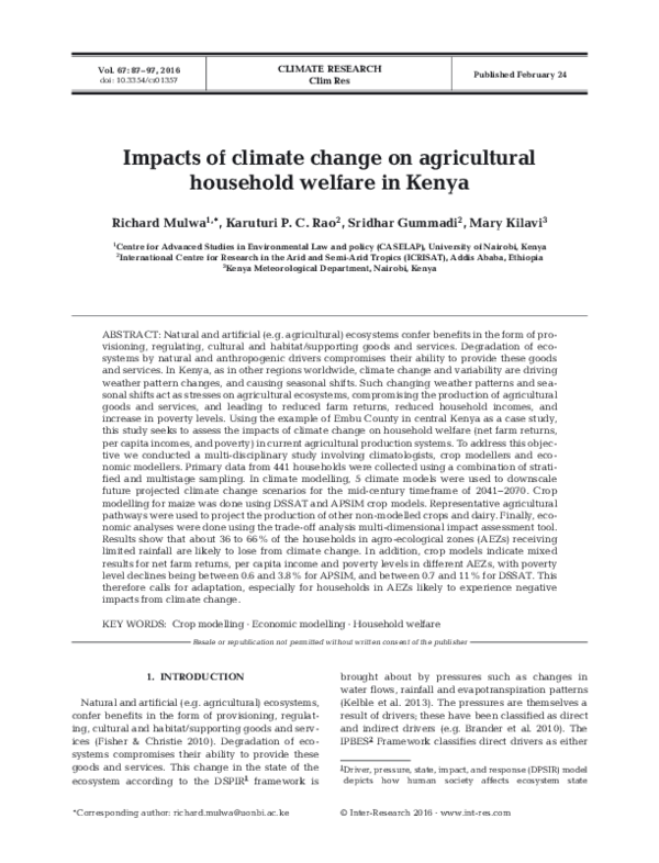 (PDF) Impacts of climate change on agricultural household welfare in Kenya