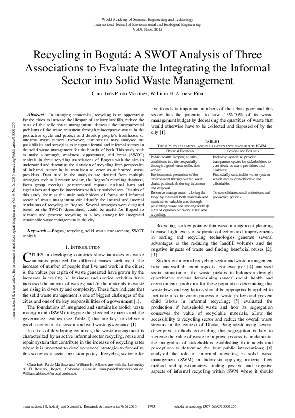 (PDF) Recycling in Bogotá: A SWOT Analysis of Three Associations to ...