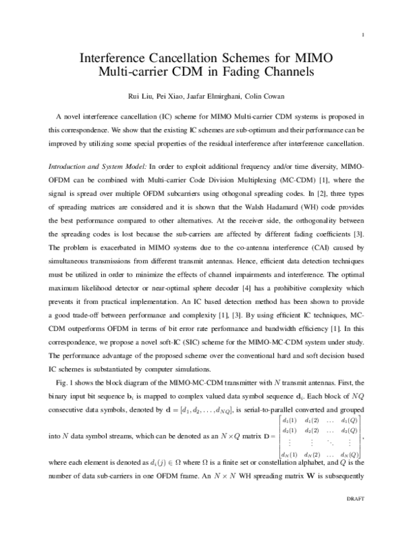 (PDF) Interference cancellation schemes for MIMO MC-CDM in fading ...