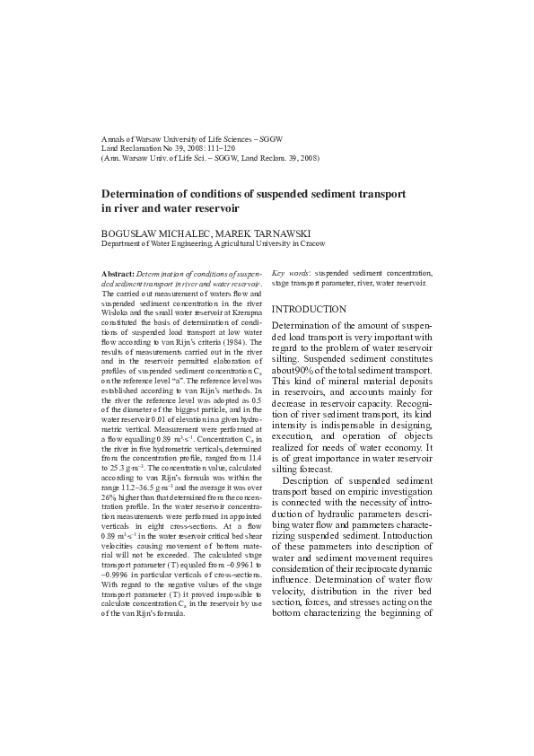 (PDF) Determination of conditions of suspended sediment transport in ...