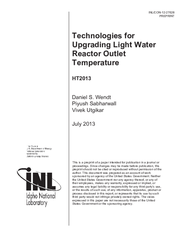 (PDF) Technologies for Upgrading Light Water Reactor Outlet Temperature