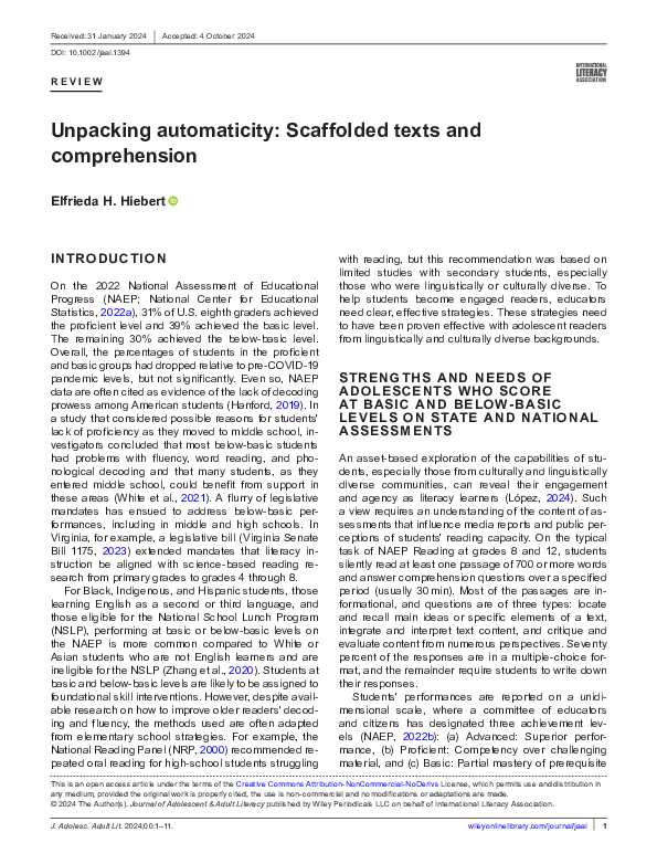 (PDF) Unpacking automaticity: Scaffolded texts and comprehension