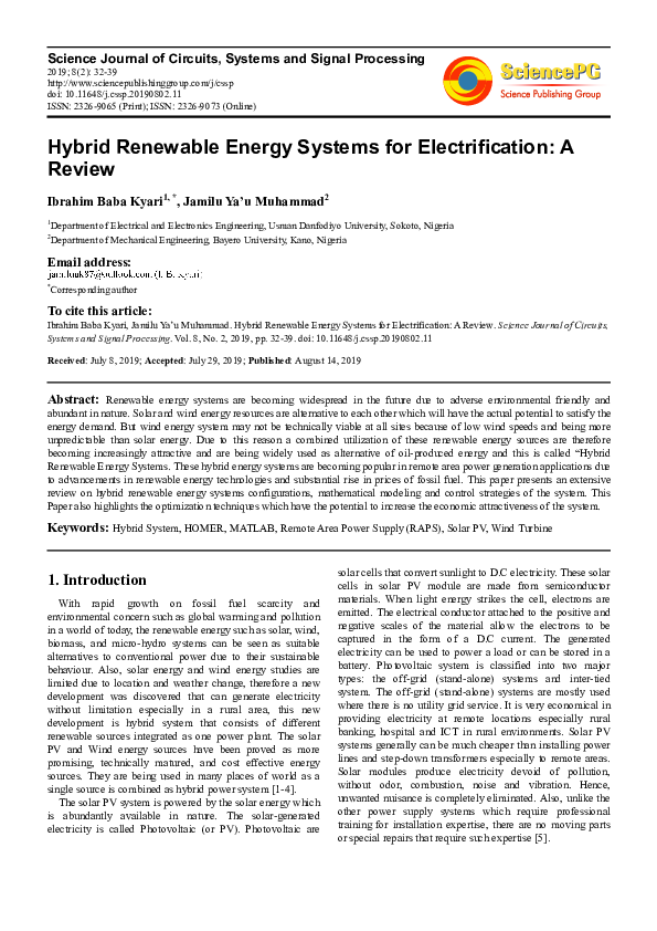 (PDF) Hybrid Renewable Energy Systems for Electrification: A Review