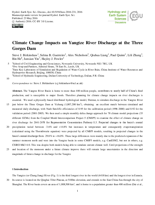 (PDF) Climate Change Impacts on Yangtze River Discharge at the Three ...