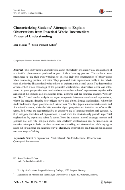 (PDF) Characterizing Students’ Attempts to Explain Observations from ...