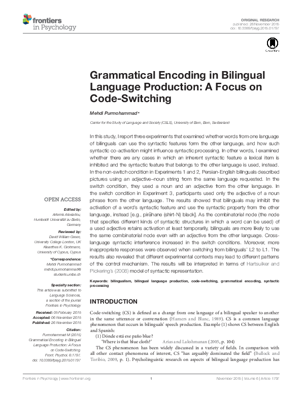 (PDF) Grammatical Encoding in Bilingual Language Production: A Focus on ...