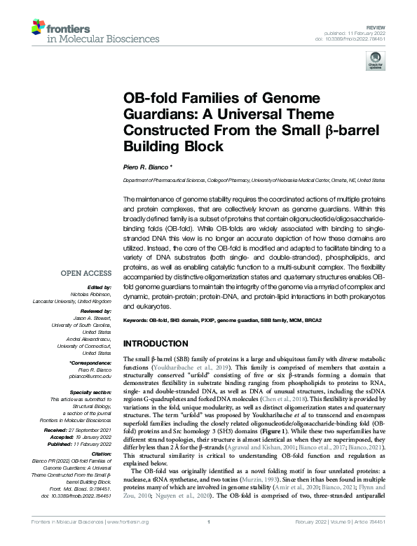 (PDF) OB-fold Families of Genome Guardians: A Universal Theme ...