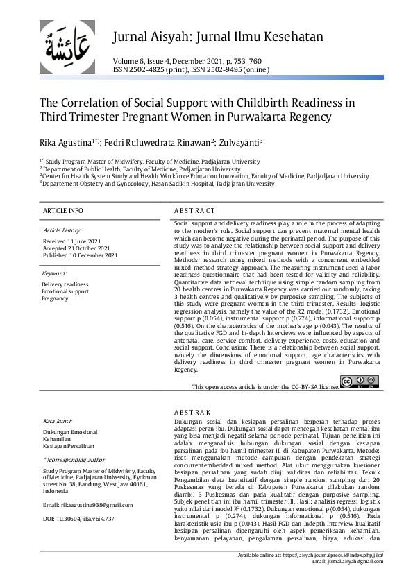 (PDF) The Correlation of Social Support with Childbirth Readiness in ...